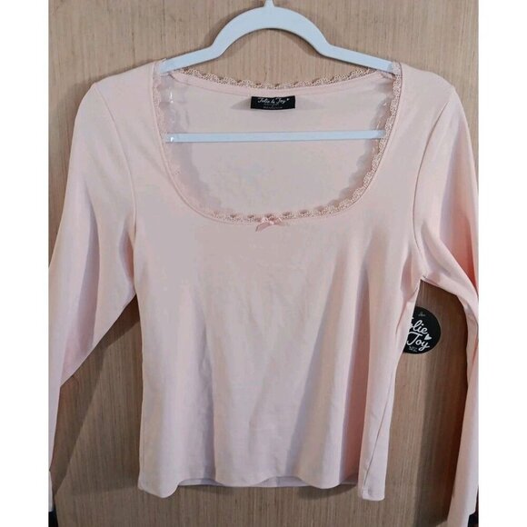 Jolie &‎ Joy Large Pink Crop Top Long Sleeves Scoop Neckline With Bow T-shirt - Picture 1 of 4